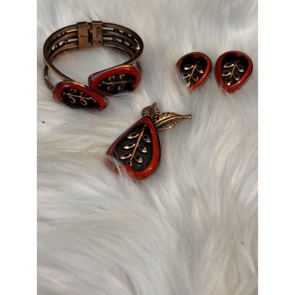 Matisse Orange Red Pear-Shaped Leaf Bracelet Brooch and Earring Copper Set